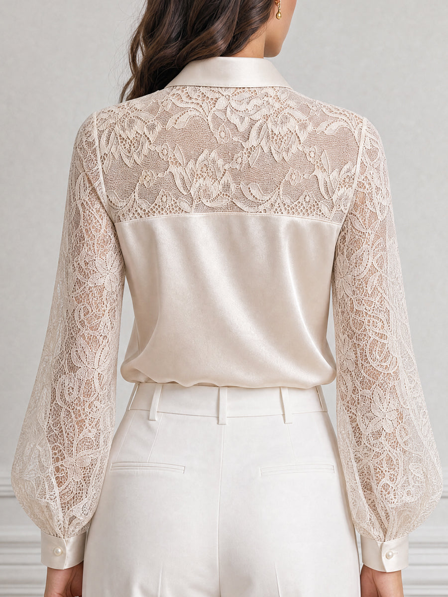 Elegant Floral Lace Satin Patchwork Collared Blouse