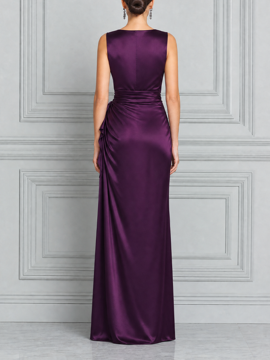 Purple Dress Fall Wedding Guest Dress Draped Satin Maxi Dress