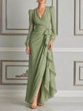 Green Dress Fall Wedding Guest Dress Wrap Ruffle Slit Maxi Dress