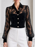 Elegant Velvet Collar & Pearl Buttons Floral Lace Blouse