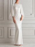 White Dress Sheer Cape Sleeve Column Maxi Dress