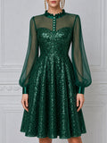 Emerald Green Sequin Sheer Puff Sleeve A-Line Mini Dress