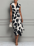 French-style Collared Polka-dot Satin Wrap Midi Dress