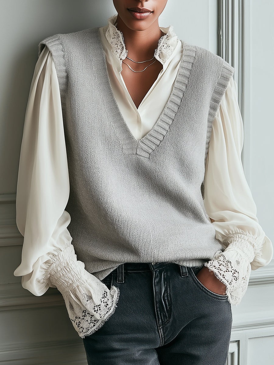 Elegant Lantern Sleeves Chiffon Blouse With Lace Trim