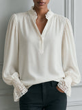 Elegant Lantern Sleeves Chiffon Blouse With Lace Trim