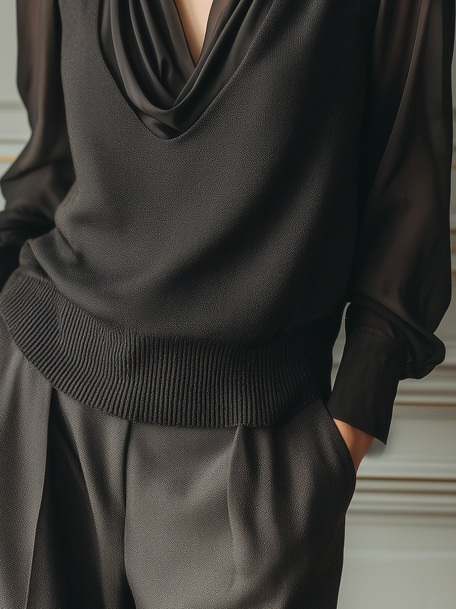 French-style Chiffon Long-sleeve Blouse With Draped Neckline