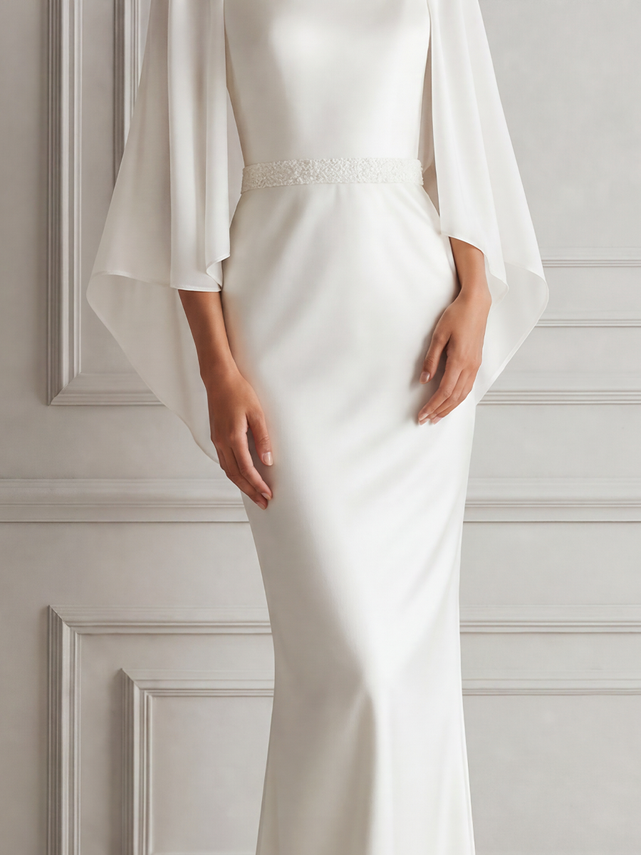 White Dress Sheer Cape Sleeve Column Maxi Dress