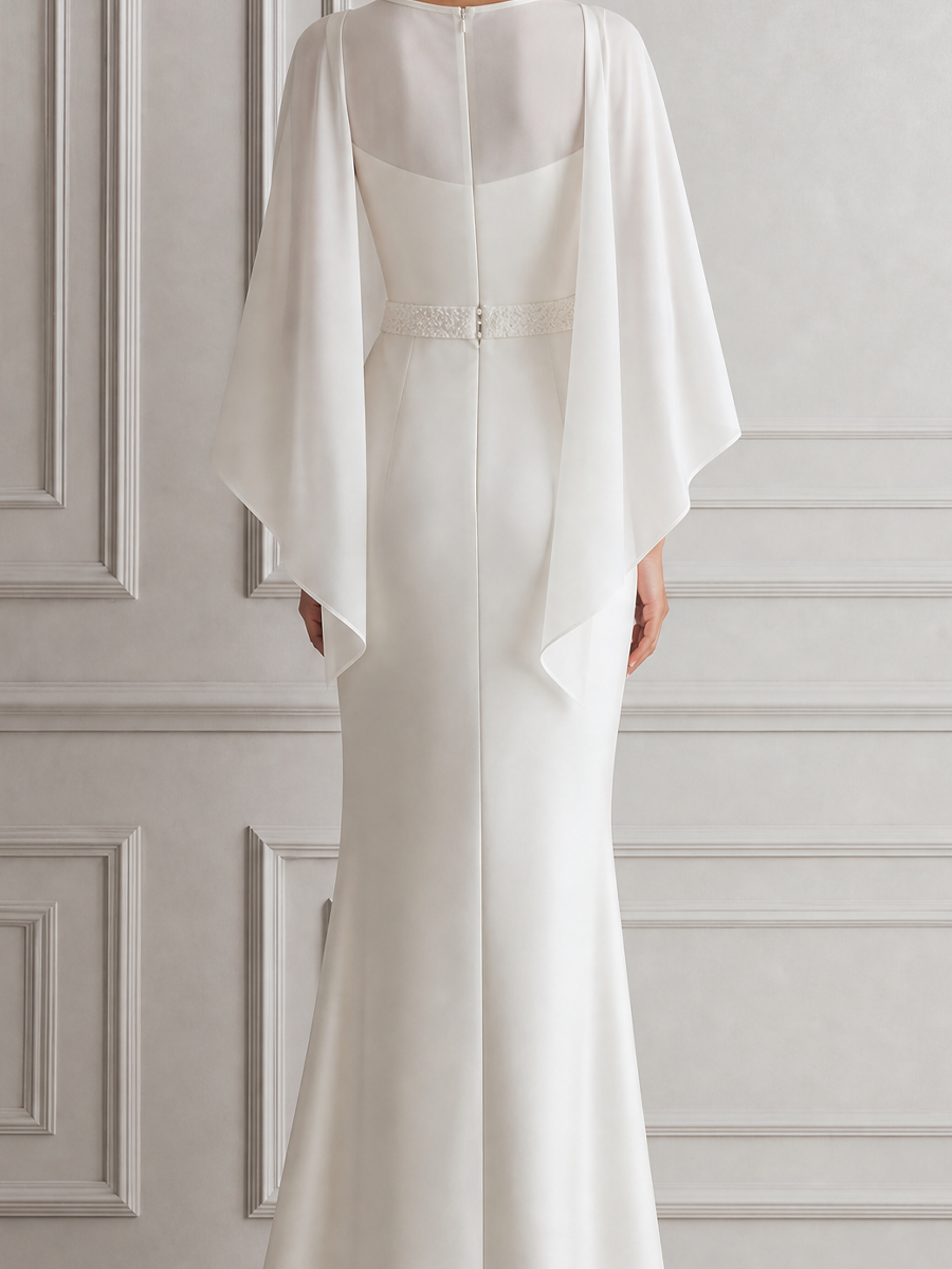 White Dress Sheer Cape Sleeve Column Maxi Dress