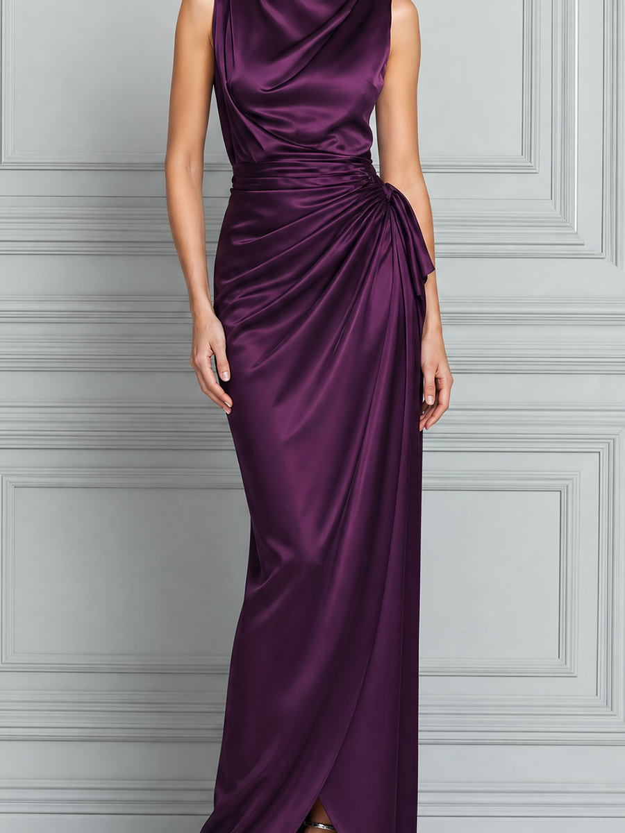 Purple Dress Fall Wedding Guest Dress Draped Satin Maxi Dress