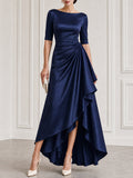 Satin Boat-Neck Ruched High-Low Maxi Gown