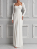 White Dress Sweetheart Neck Ruched Long Sleeve Maxi Dress