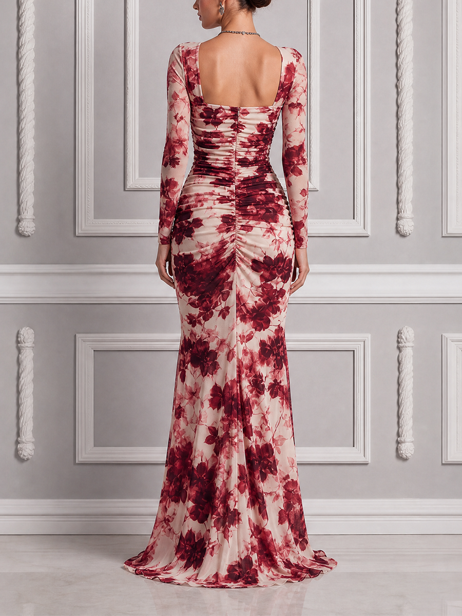 Red Dress Fall Wedding Guest Dress Floral Chiffon Sleeve Slit Maxi Dress