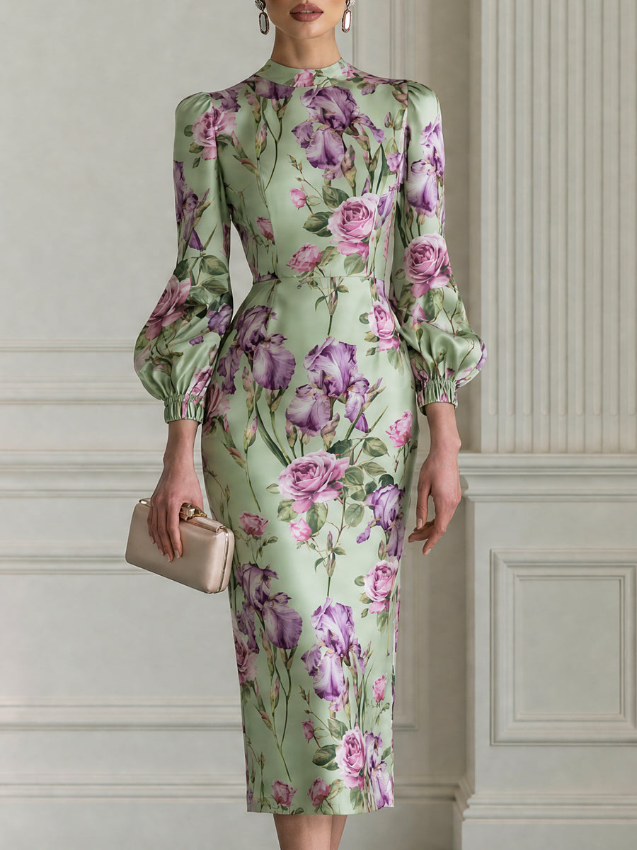 Vintage Rose Iris Floral Print Fitted Midi Dress
