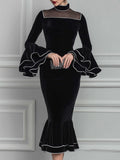Velvet Mock-Neck Mesh-Yoke Ruffle-Sleeve Mermaid Midi Dress