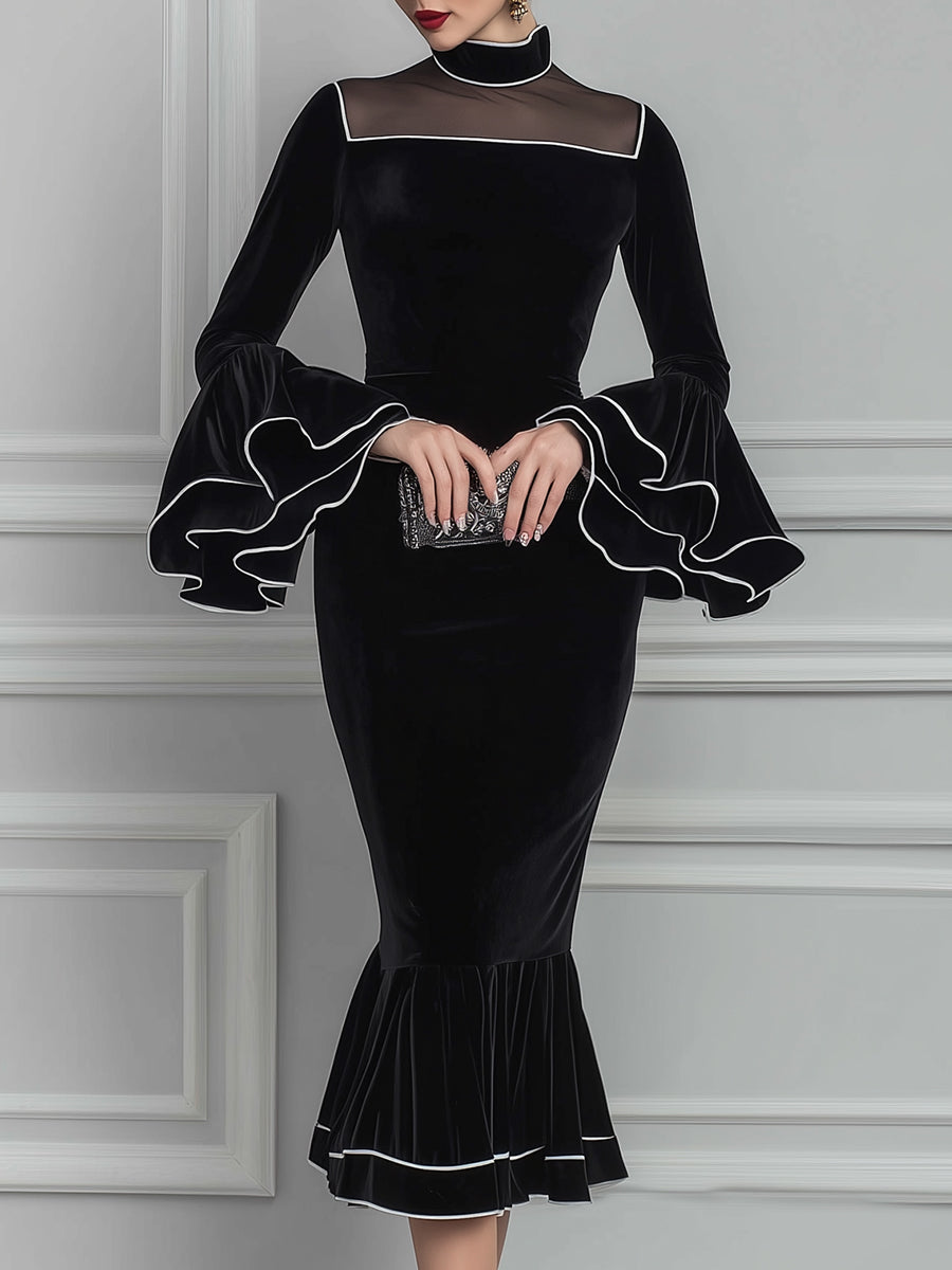 Velvet Mock-Neck Mesh-Yoke Ruffle-Sleeve Mermaid Midi Dress