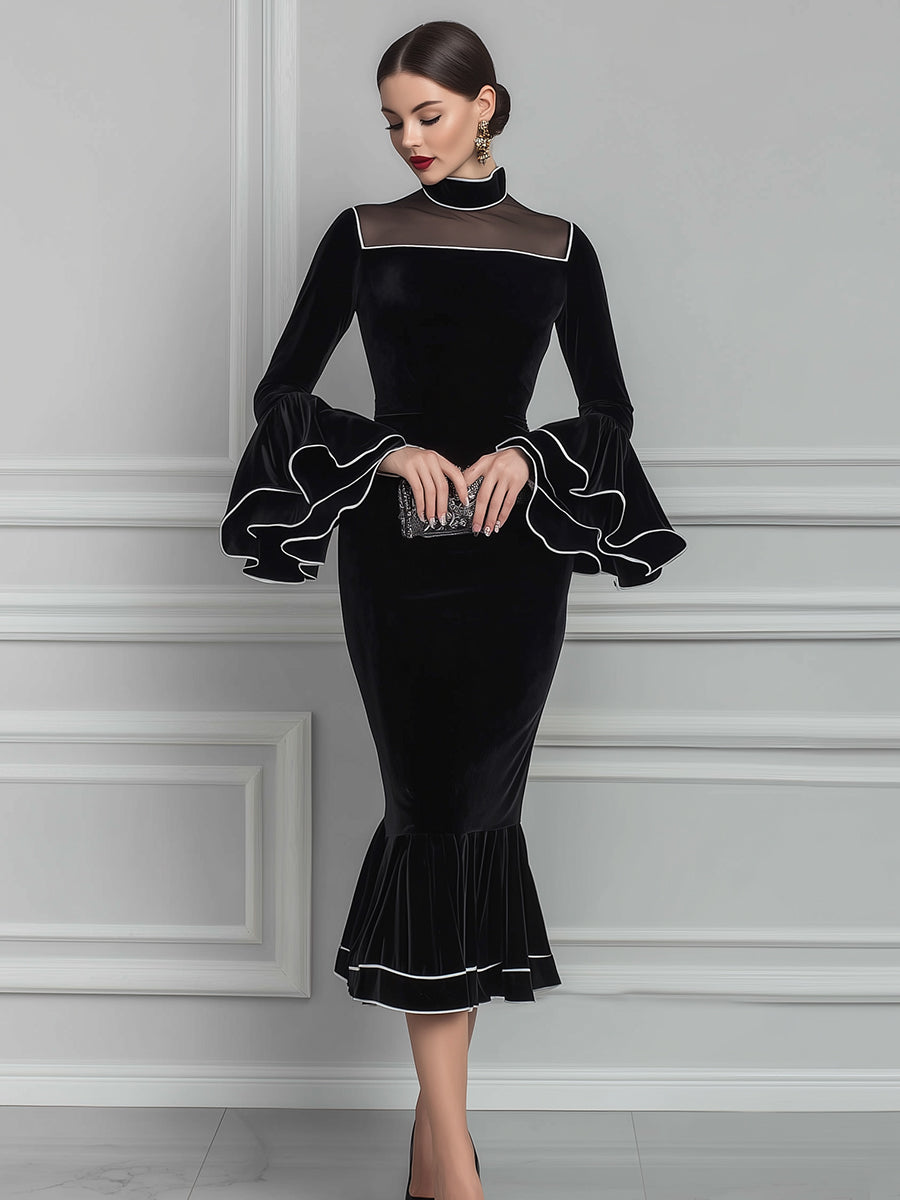 Velvet Mock-Neck Mesh-Yoke Ruffle-Sleeve Mermaid Midi Dress