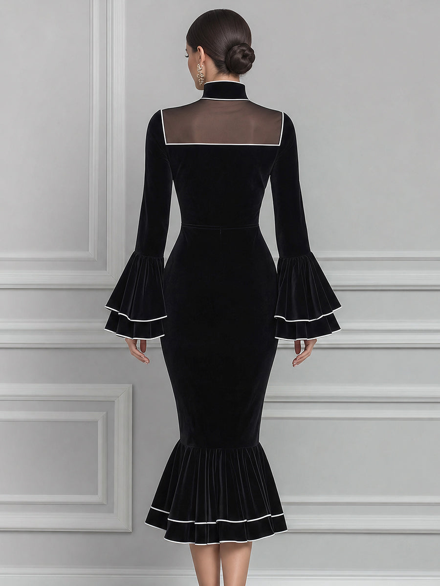 Velvet Mock-Neck Mesh-Yoke Ruffle-Sleeve Mermaid Midi Dress