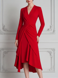Red Dress Fall Wedding Guest Dress Draped Wrap High Low Midi Dress