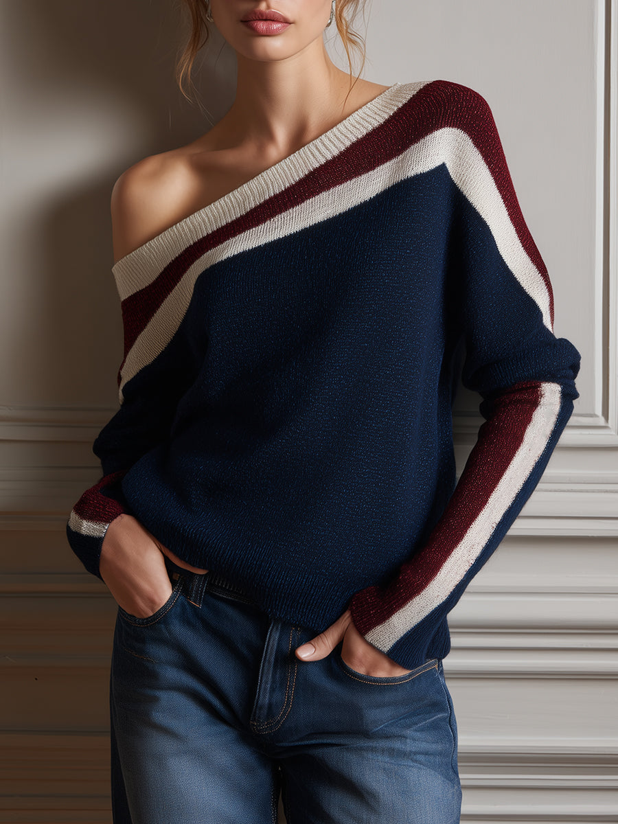 Elegant Striped One-Shoulder Knit Batwing Pullover