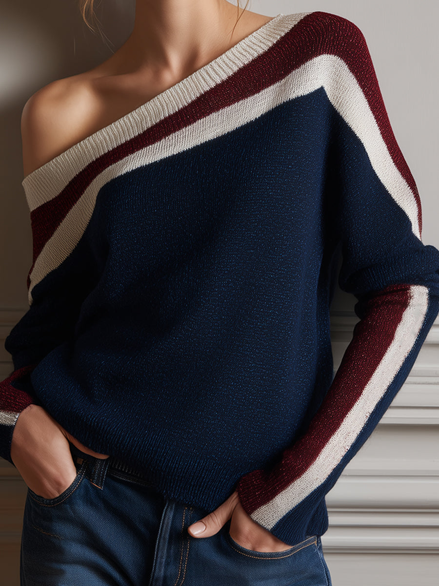 Elegant Striped One-Shoulder Knit Batwing Pullover