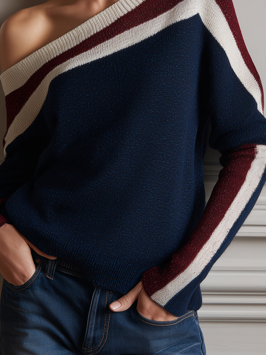 Elegant Striped One-Shoulder Knit Batwing Pullover