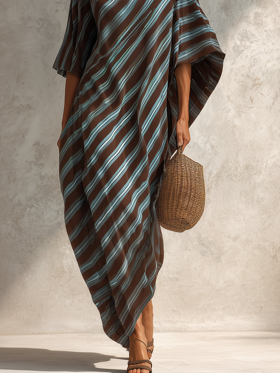 Striped Batwing-sleeve Cocoon Maxi Dress With A One-shoulder Design