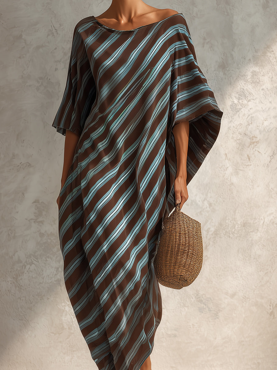 Striped Batwing-sleeve Cocoon Maxi Dress With A One-shoulder Design