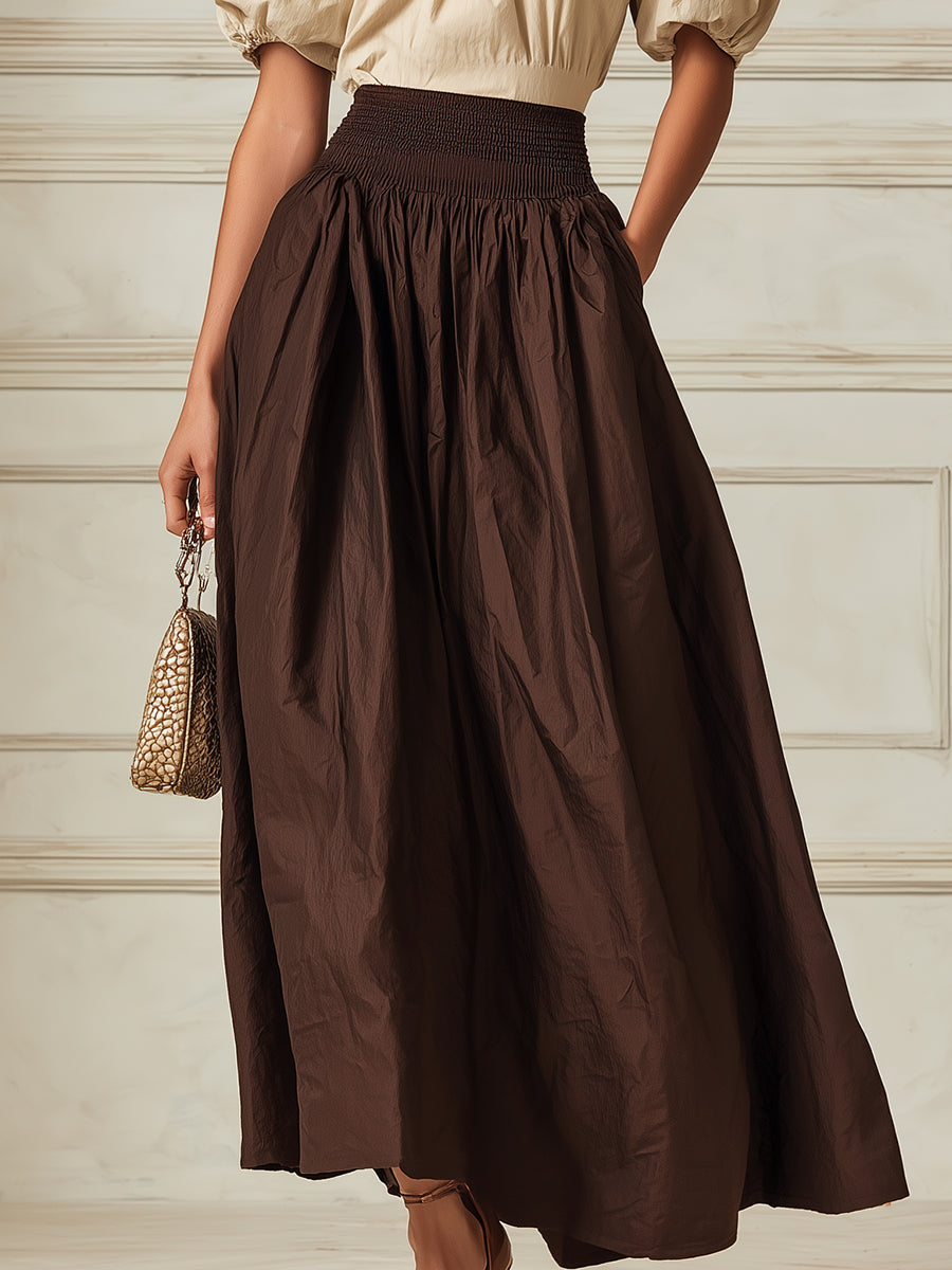 French-style Off-shoulder Short-sleeve Blouse & Smocked-waist A-line Skirt Set