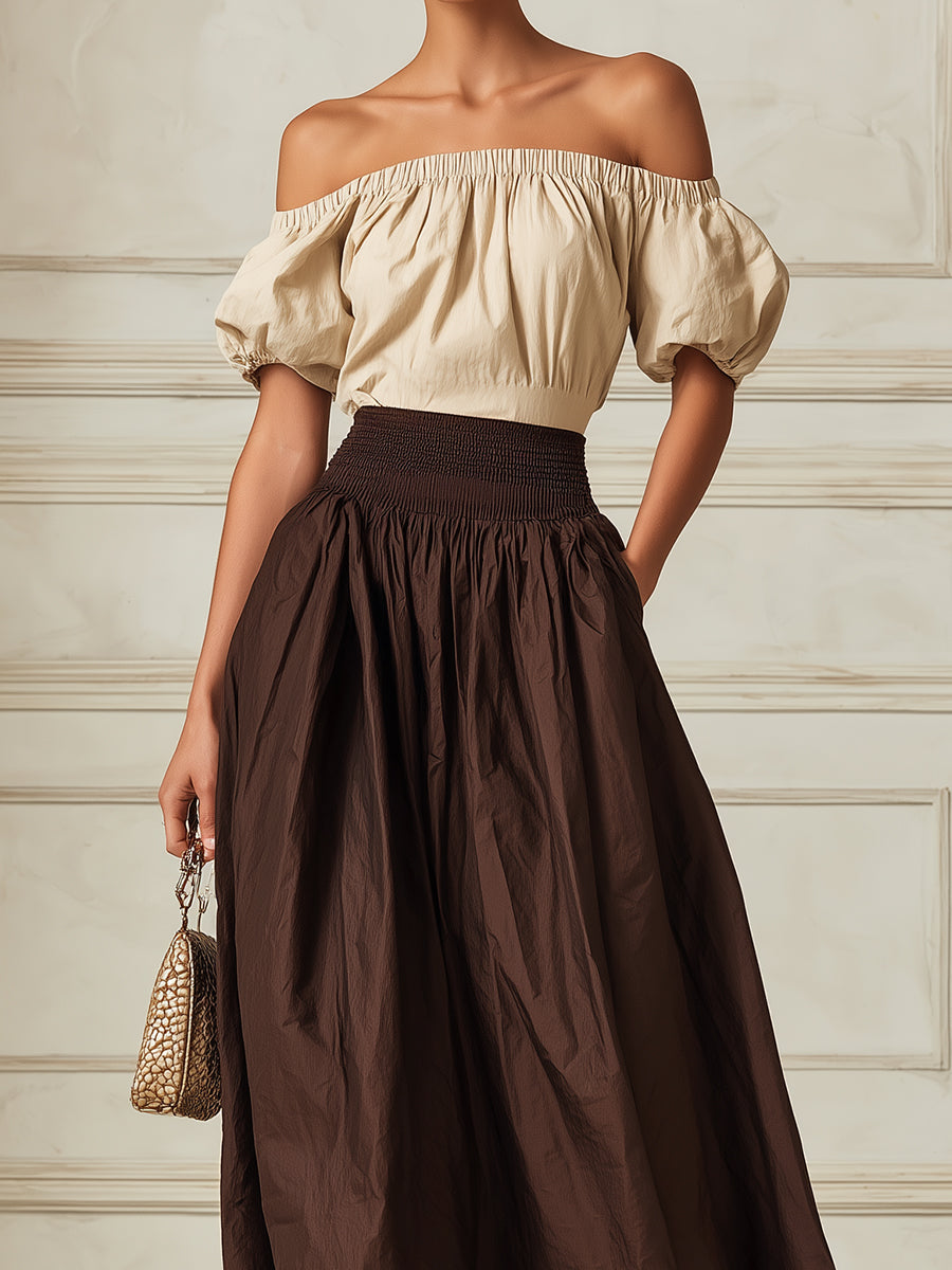 French-style Off-shoulder Short-sleeve Blouse & Smocked-waist A-line Skirt Set