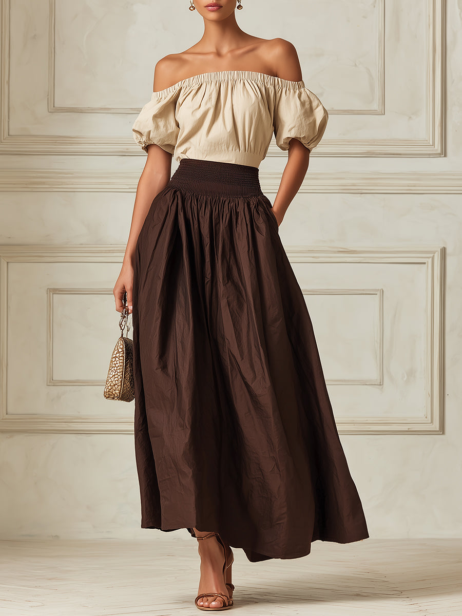 French-style Off-shoulder Short-sleeve Blouse & Smocked-waist A-line Skirt Set