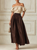 French-style Off-shoulder Short-sleeve Blouse & Smocked-waist A-line Skirt Set