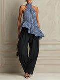 French-style Striped Top With Ruffled Hem & Curved-leg Pants Set