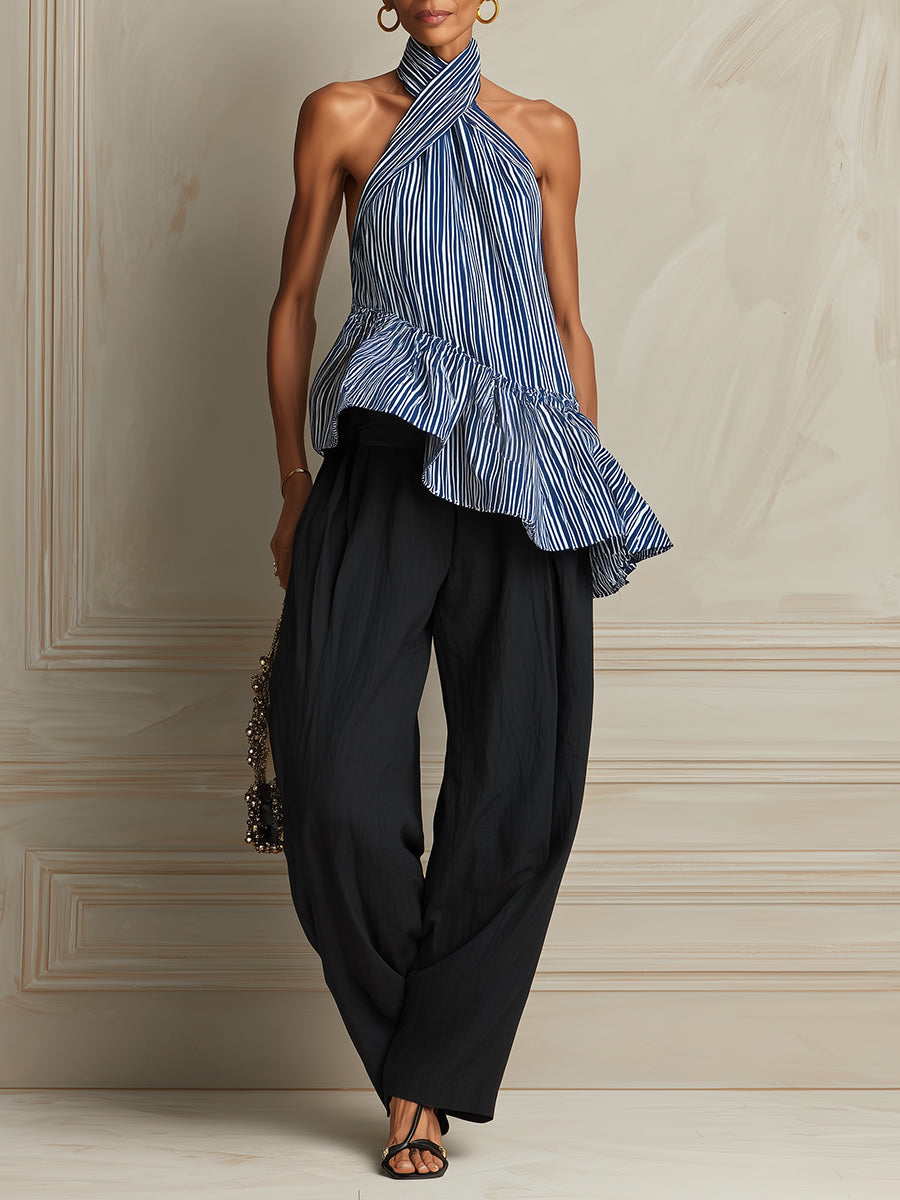 French-style Striped Top With Ruffled Hem & Curved-leg Pants Set