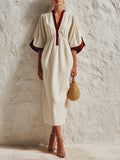 Stylish Color-block Cotton-linen Cocoon Midi Dress With Side-slit Sleeves