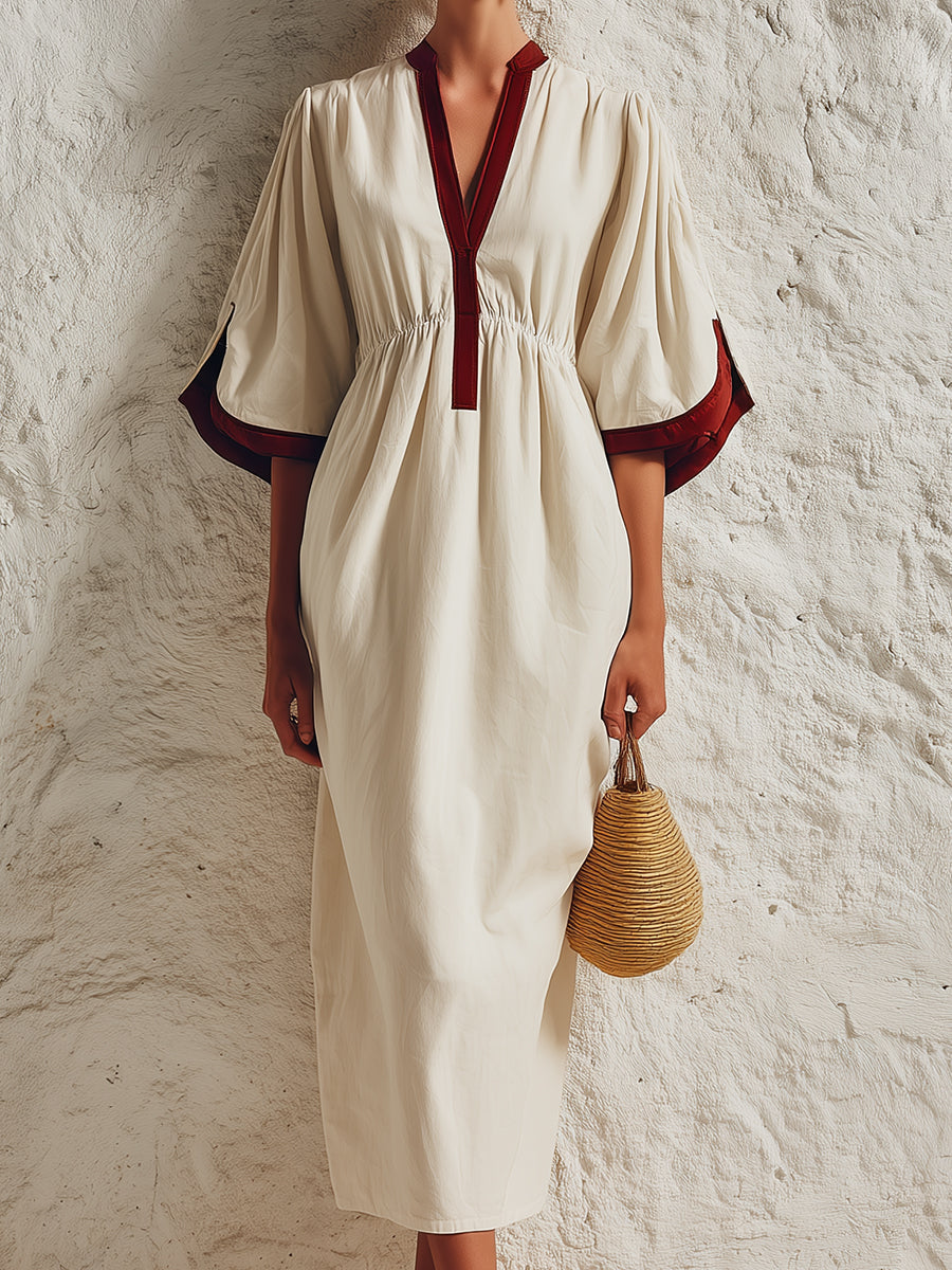 Stylish Color-block Cotton-linen Cocoon Midi Dress With Side-slit Sleeves