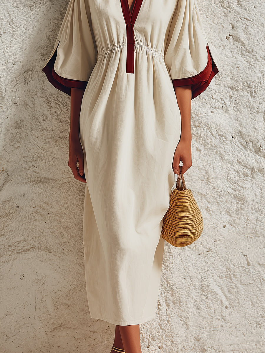Stylish Color-block Cotton-linen Cocoon Midi Dress With Side-slit Sleeves