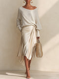 French-style One-shoulder Batwing-sleeve Knit Pullover & Satin Skirt Set