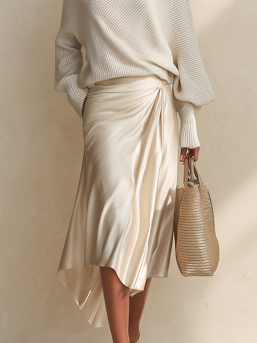 French-style One-shoulder Batwing-sleeve Knit Pullover & Satin Skirt Set