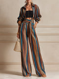 French-style Colorful Striped Blouse & Belted Wide-leg Pants Set