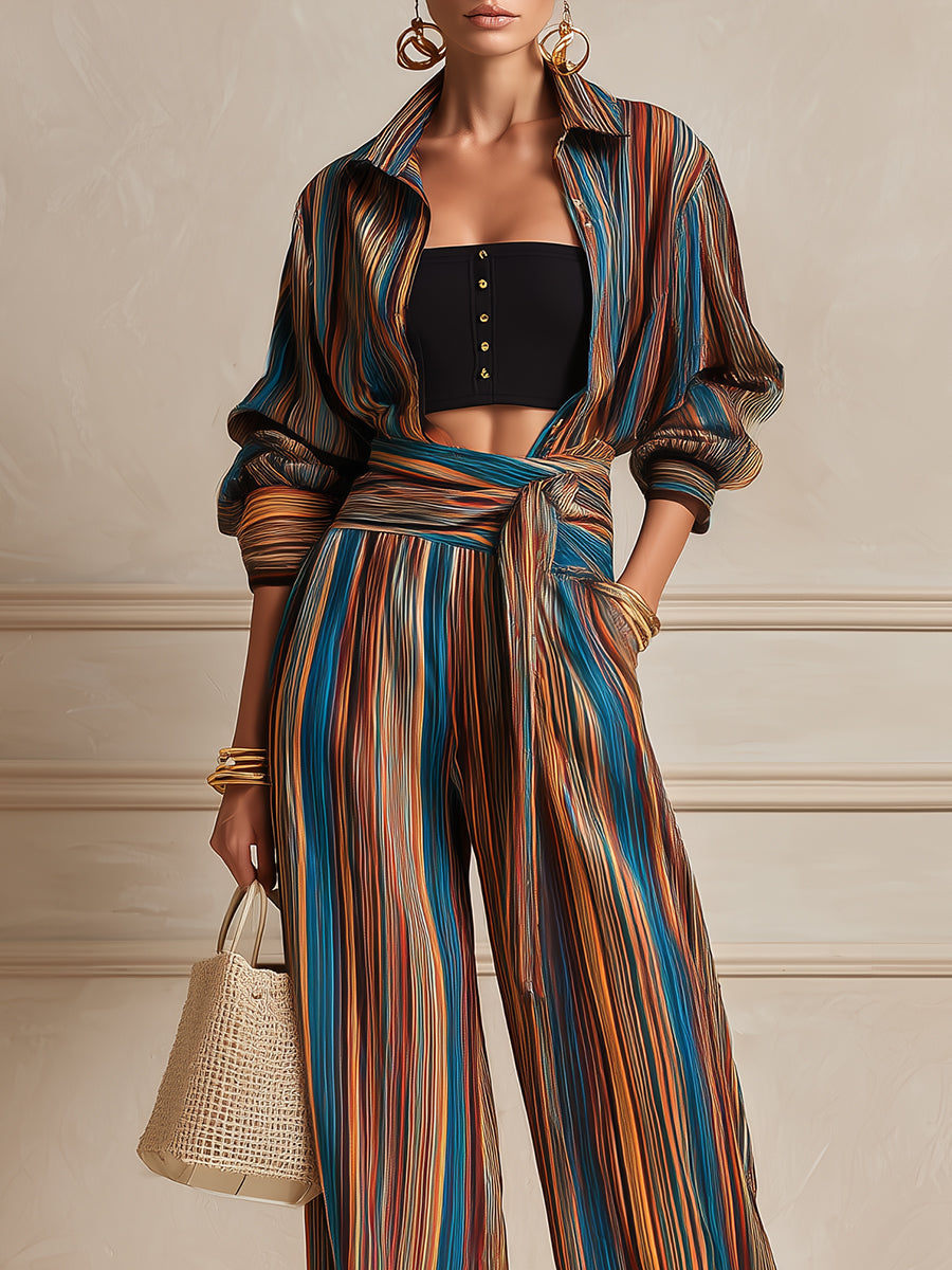French-style Colorful Striped Blouse & Belted Wide-leg Pants Set