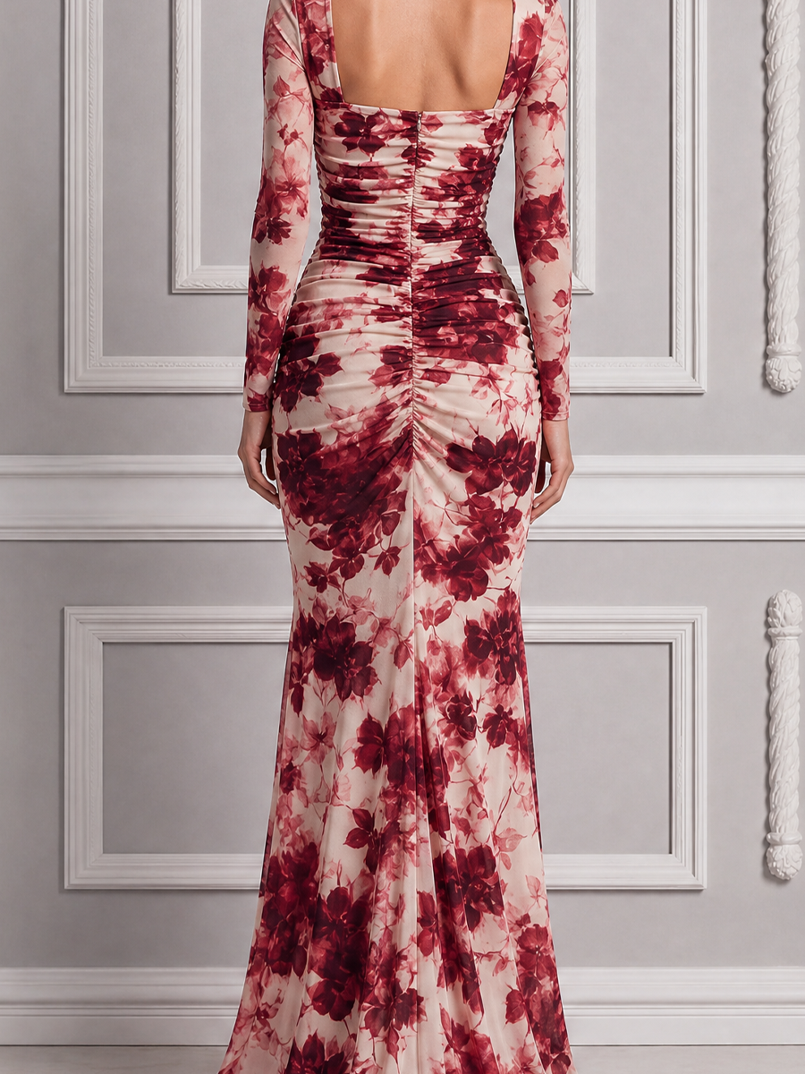 Red Dress Fall Wedding Guest Dress Floral Chiffon Sleeve Slit Maxi Dress