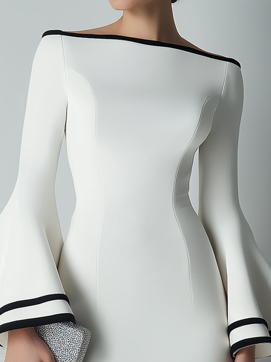 Boat-Neck Contrast-Trim Bell-Sleeve Bodycon Midi Dress