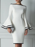 Boat-Neck Contrast-Trim Bell-Sleeve Bodycon Midi Dress