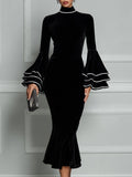 Velvet Mock-Neck Tiered Bell-Sleeve Mermaid Midi Dress