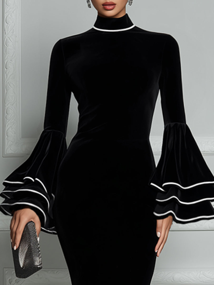 Velvet Mock-Neck Tiered Bell-Sleeve Mermaid Midi Dress