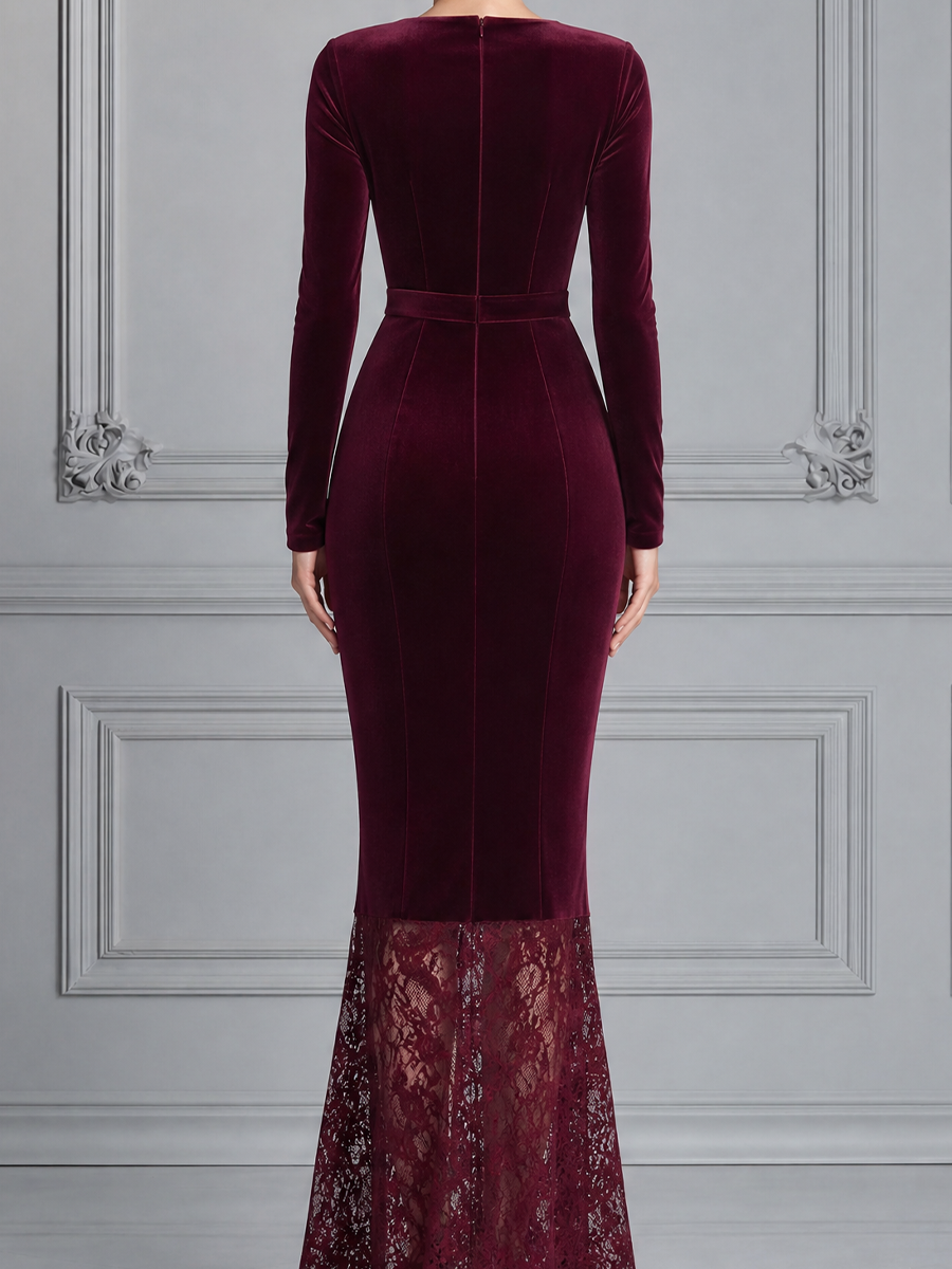 Red Dress Lace Hem Fall Wedding Guest Dress Velvet Mermaid Maxi Dress