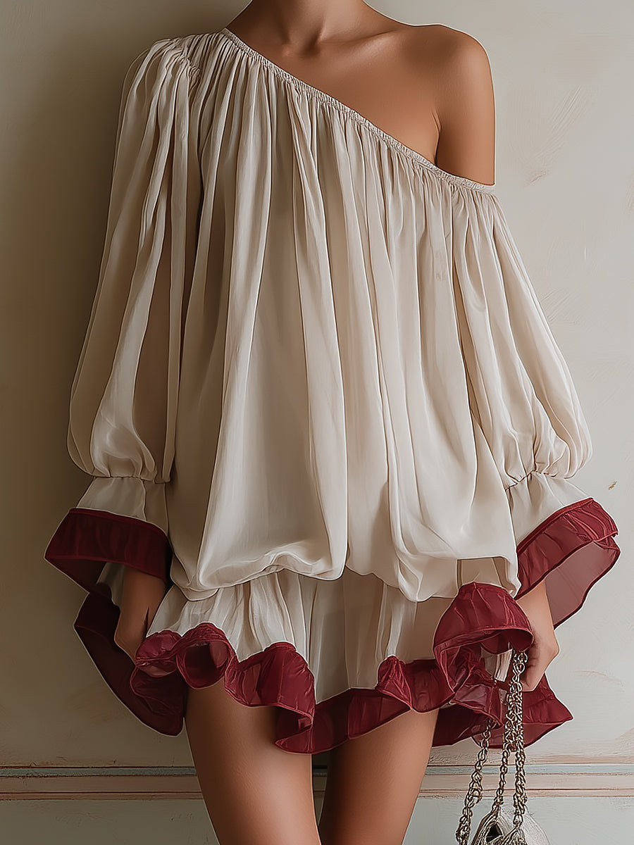 French-style One-shoulder Color-block Mini Dress With A Ruffled Hem