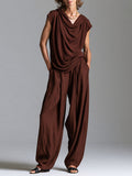 French-style Relaxed Cowl-neck Pullover & Tencel Wide-leg Pants Set