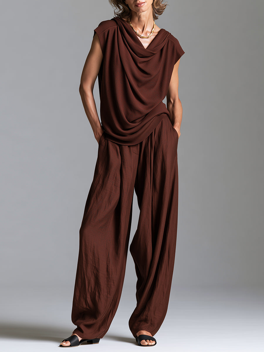 French-style Relaxed Cowl-neck Pullover & Tencel Wide-leg Pants Set