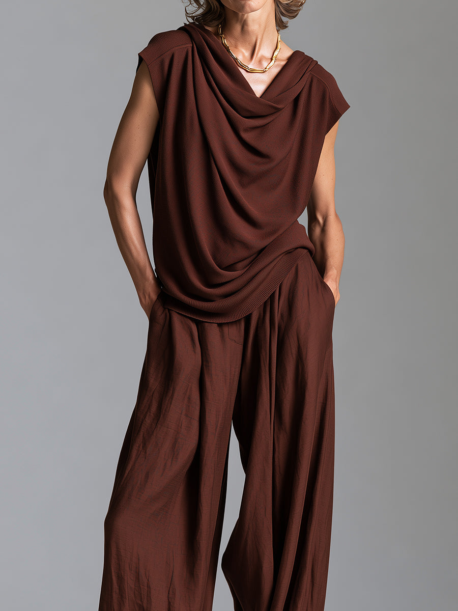 French-style Relaxed Cowl-neck Pullover & Tencel Wide-leg Pants Set